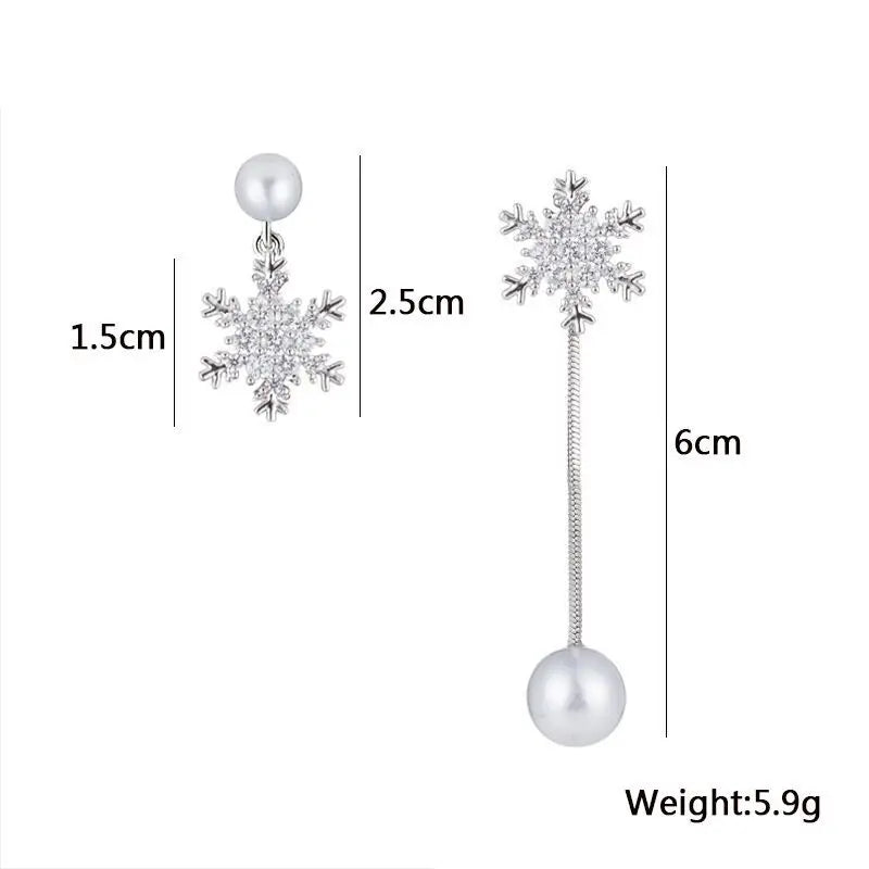 Elegant Asymmetric Pearl Dangle & Crystal Snowflake Drop Earrings