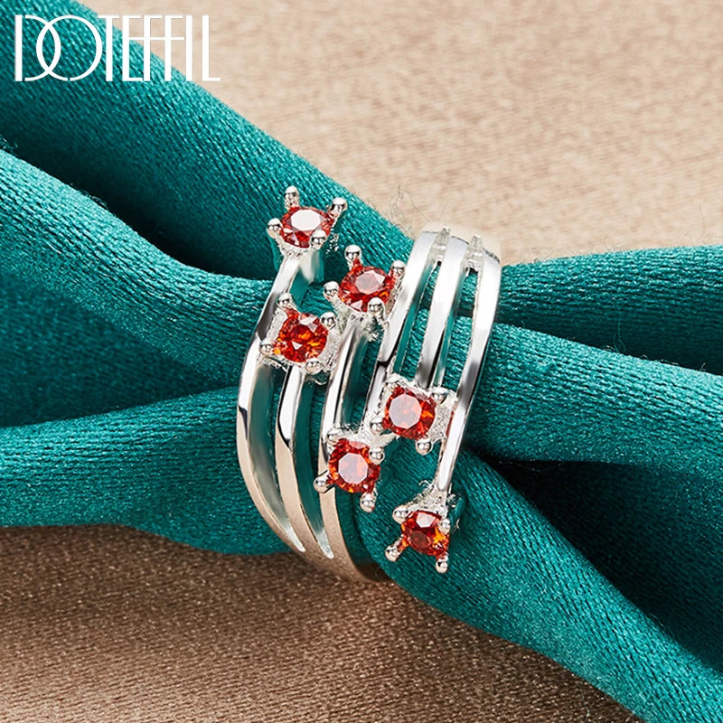 925 Sterling Silver Round Multi Stone Red AAA Zircon Ring