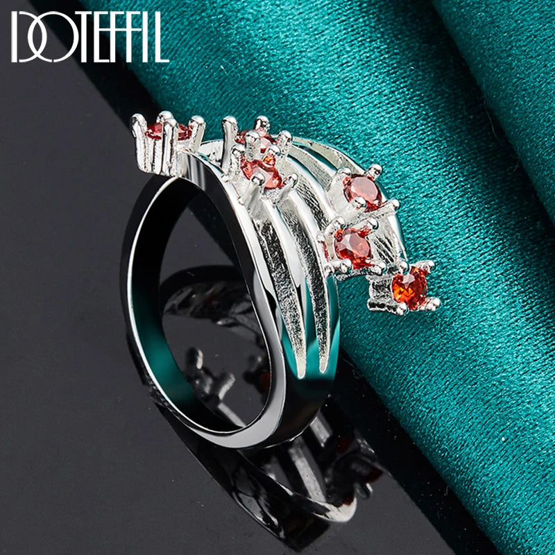 925 Sterling Silver Round Multi Stone Red AAA Zircon Ring