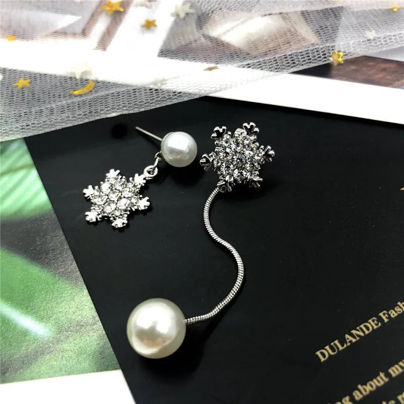 Elegant Asymmetric Pearl Dangle & Crystal Snowflake Drop Earrings