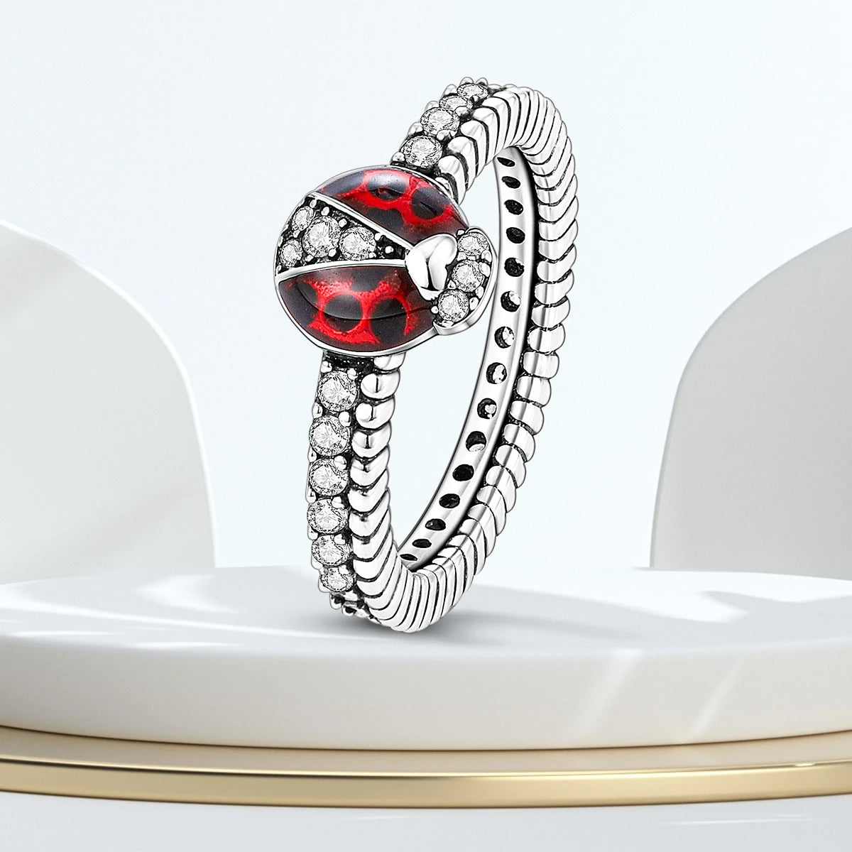 925 Sterling Silver Ladybug Zircon Ring