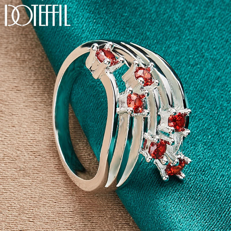 925 Sterling Silver Round Multi Stone Red AAA Zircon Ring