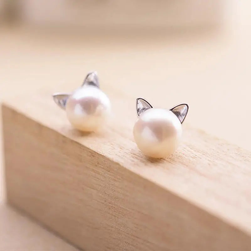 Fashion Earings Jewelry Silver Color Small Pearl Cat Stud Earrings for Women Girls Earrings
