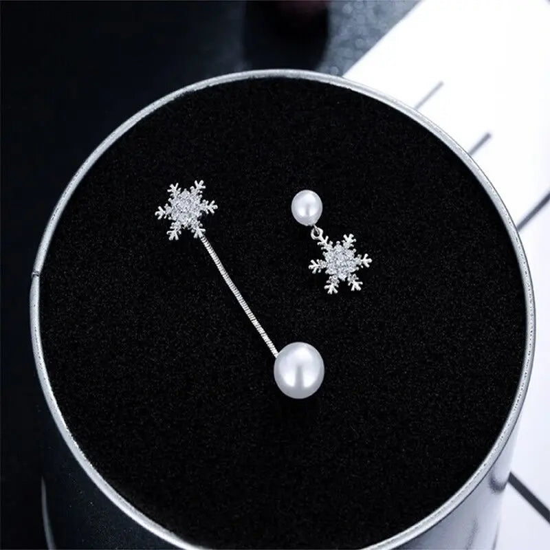 Elegant Asymmetric Pearl Dangle & Crystal Snowflake Drop Earrings