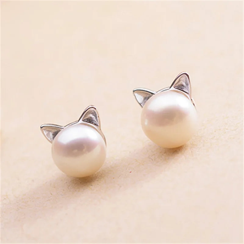 Fashion Earings Jewelry Silver Color Small Pearl Cat Stud Earrings for Women Girls Earrings