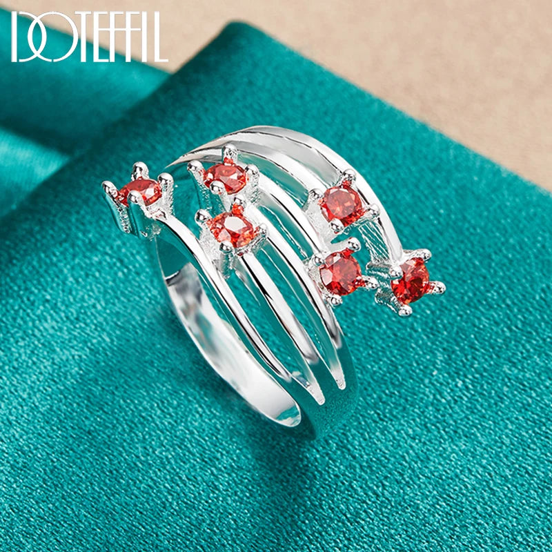 925 Sterling Silver Round Multi Stone Red AAA Zircon Ring