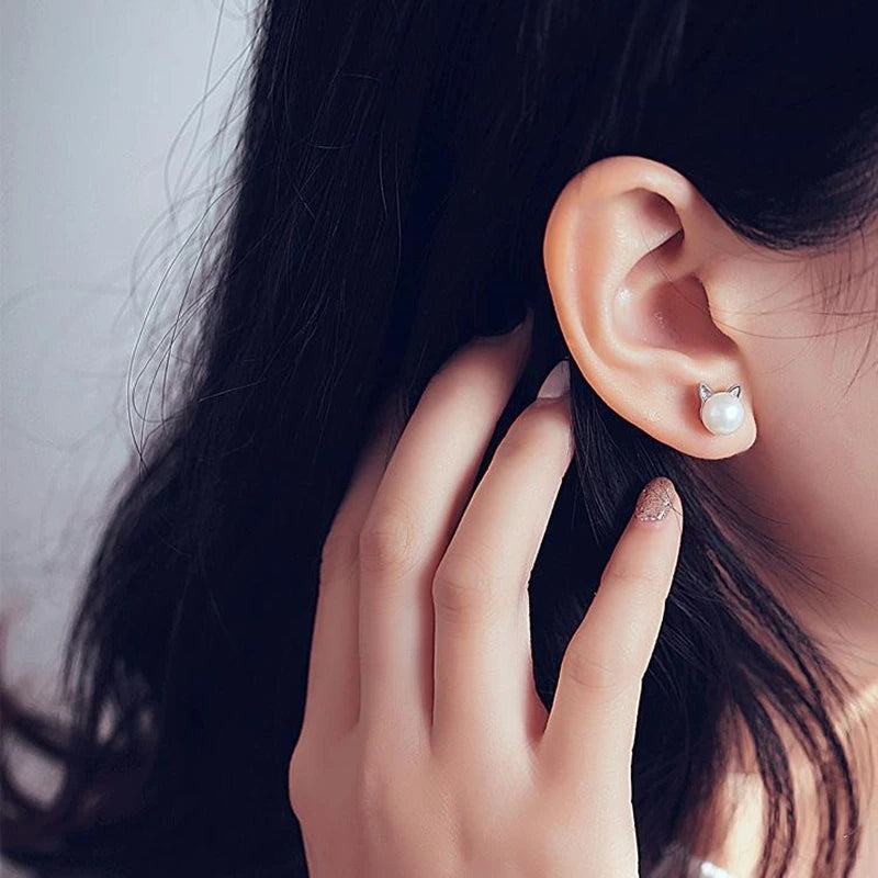 Fashion Earings Jewelry Silver Color Small Pearl Cat Stud Earrings for Women Girls Earrings