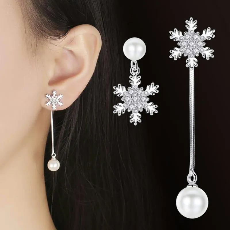 Elegant Asymmetric Pearl Dangle & Crystal Snowflake Drop Earrings