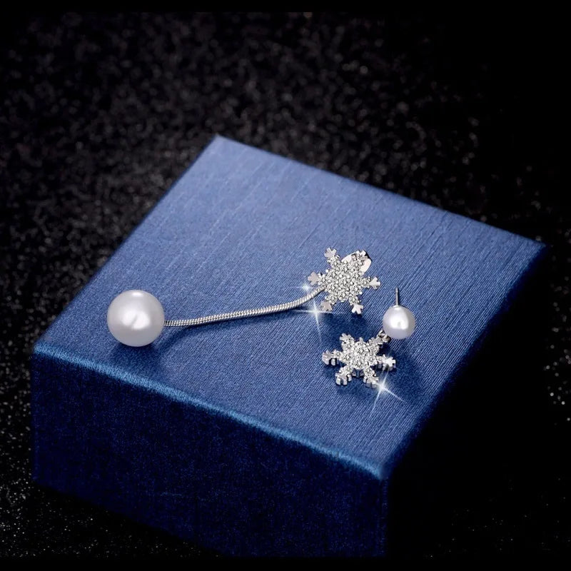 Elegant Asymmetric Pearl Dangle & Crystal Snowflake Drop Earrings