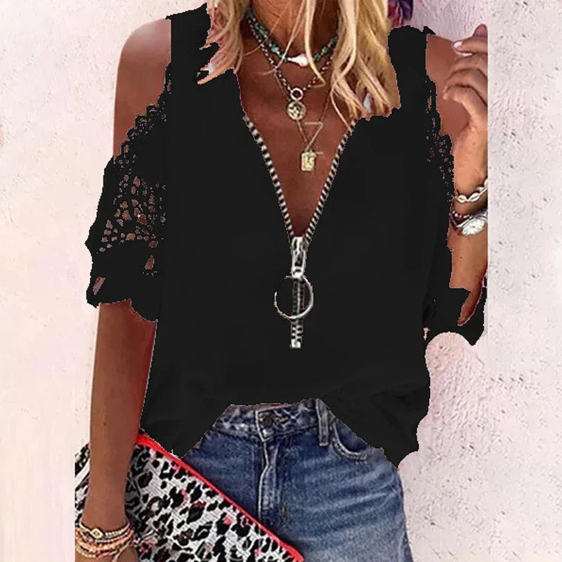Summer V-neck Lace Zipper Blouse with Hollow Out Short Sleeve