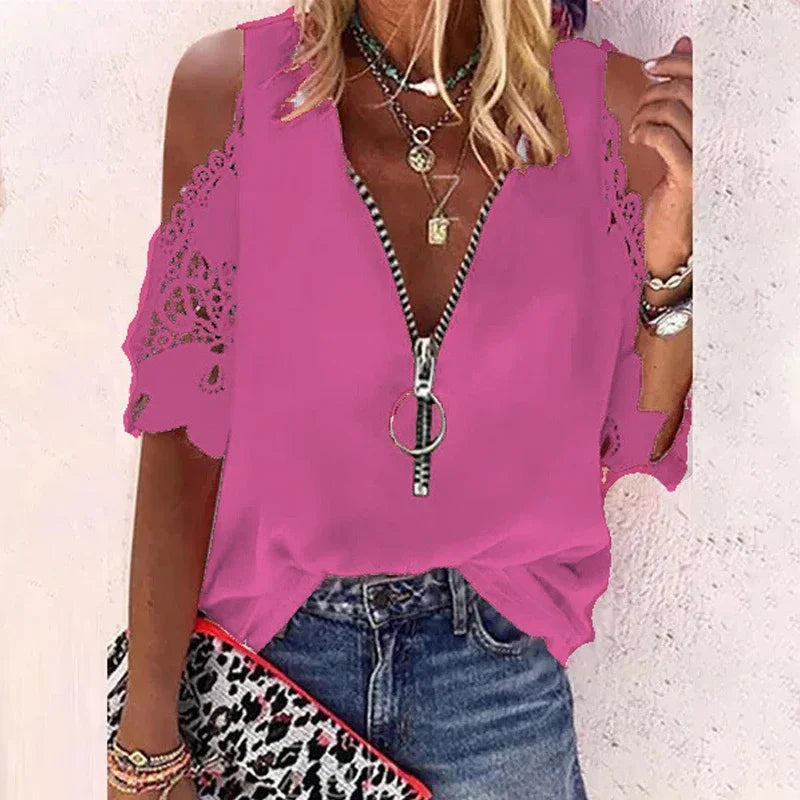 Summer V-neck Lace Zipper Blouse with Hollow Out Short Sleeve