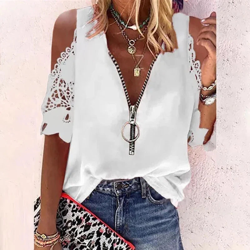 Summer V-neck Lace Zipper Blouse with Hollow Out Short Sleeve