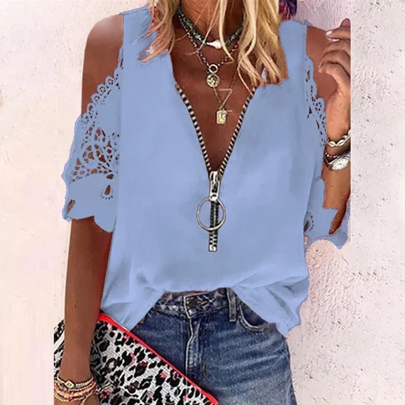 Summer V-neck Lace Zipper Blouse with Hollow Out Short Sleeve