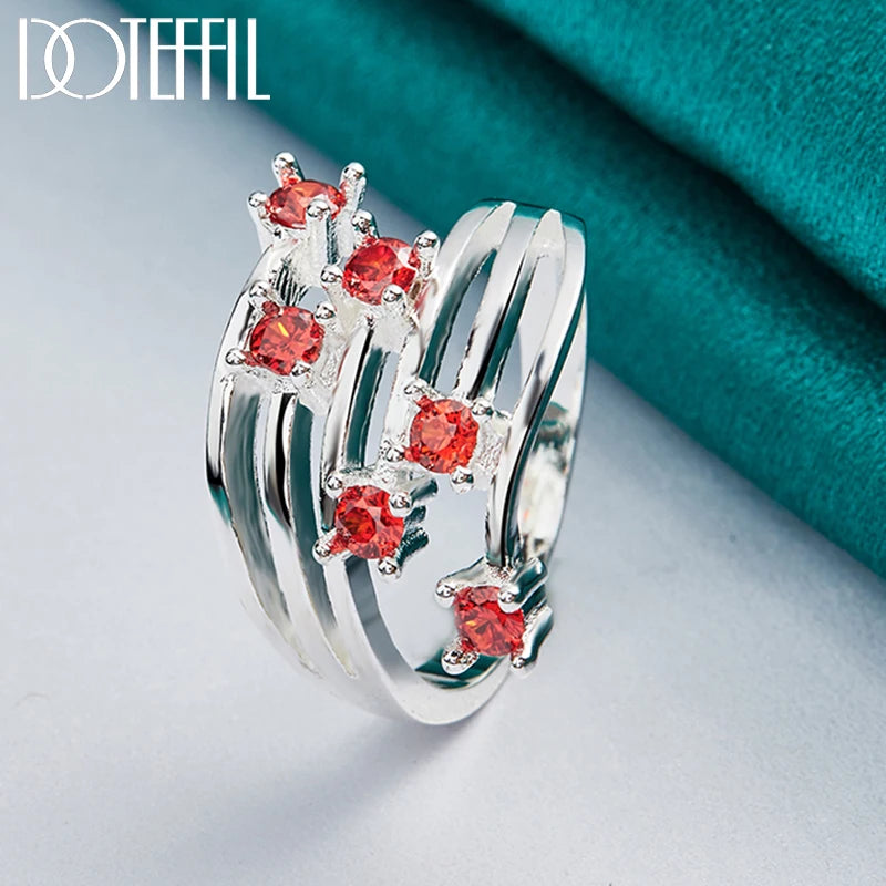 925 Sterling Silver Round Multi Stone Red AAA Zircon Ring